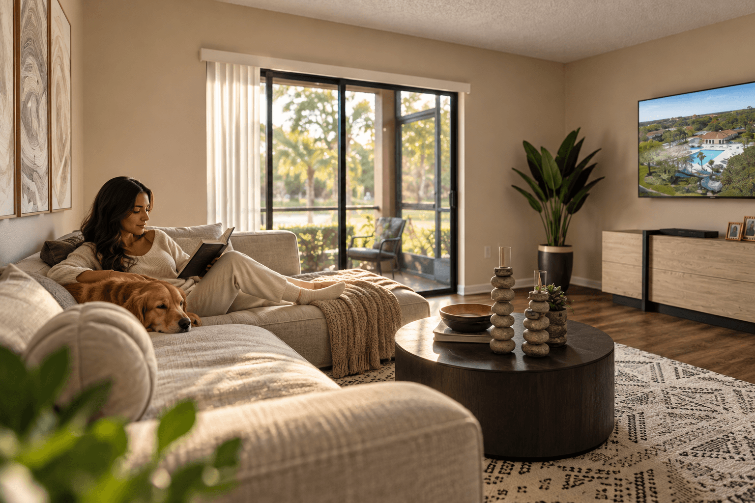 A woman is sitting on a couch with a dog, looking at a television screen showing a scenic view.